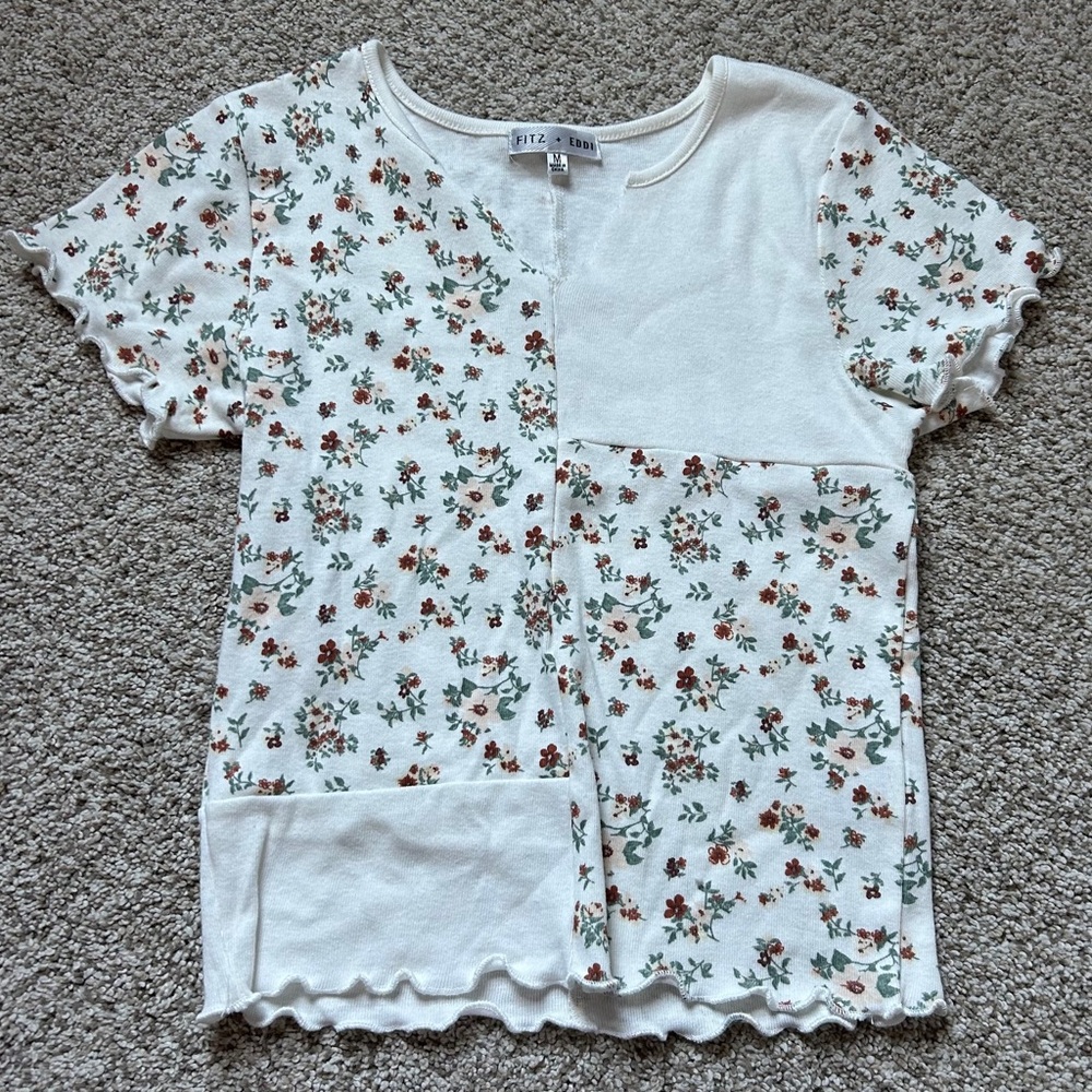 Floral Womens Shirt - White with Red and Green Accents